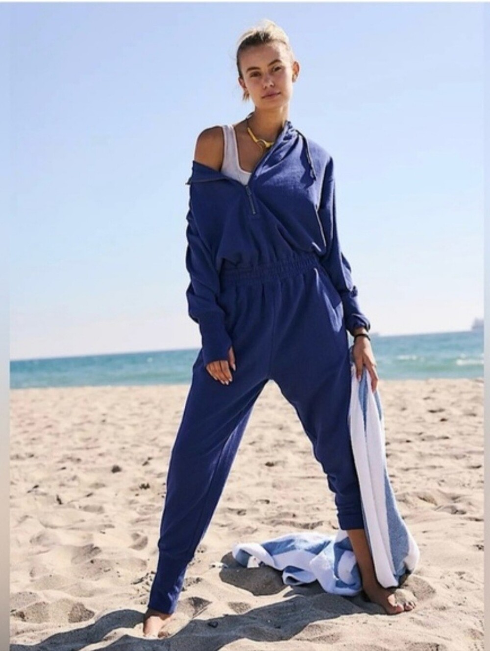 Free People Movement Training Day Indigo Hoodie 1/2 Zip Boho Jumpsuit XS NWOT